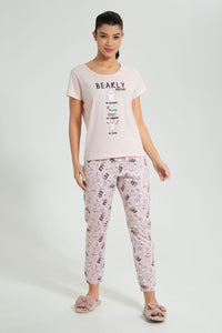 Redtag-Peach-Bearly-Printed-Pyjama-Set-Colour:Pink,-Filter:Women's-Clothing,-New-In,-New-In-Women,-Non-Sale,-S22B,-Section:Women,-Women-Pyjama-Sets-Women's-