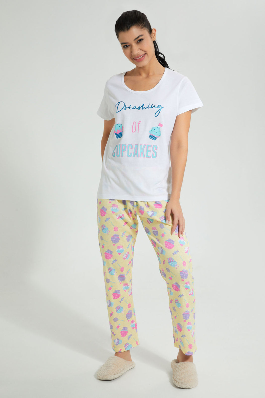 Redtag-Green-Cup-Cakes-Printed-Pyjama-Set-Colour:Green,-Filter:Women's-Clothing,-New-In,-New-In-Women,-Non-Sale,-S22B,-Section:Women,-Women-Pyjama-Sets-Women's-