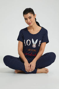 Redtag-Navy-Polka-Printed-Pyjama-Set-Colour:Navy,-Filter:Women's-Clothing,-New-In,-New-In-Women,-Non-Sale,-S22B,-Section:Women,-Women-Pyjama-Sets-Women's-