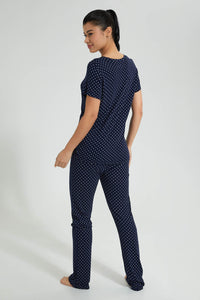 Redtag-Navy-Polka-Printed-Pyjama-Set-Colour:Navy,-Filter:Women's-Clothing,-New-In,-New-In-Women,-Non-Sale,-S22B,-Section:Women,-Women-Pyjama-Sets-Women's-