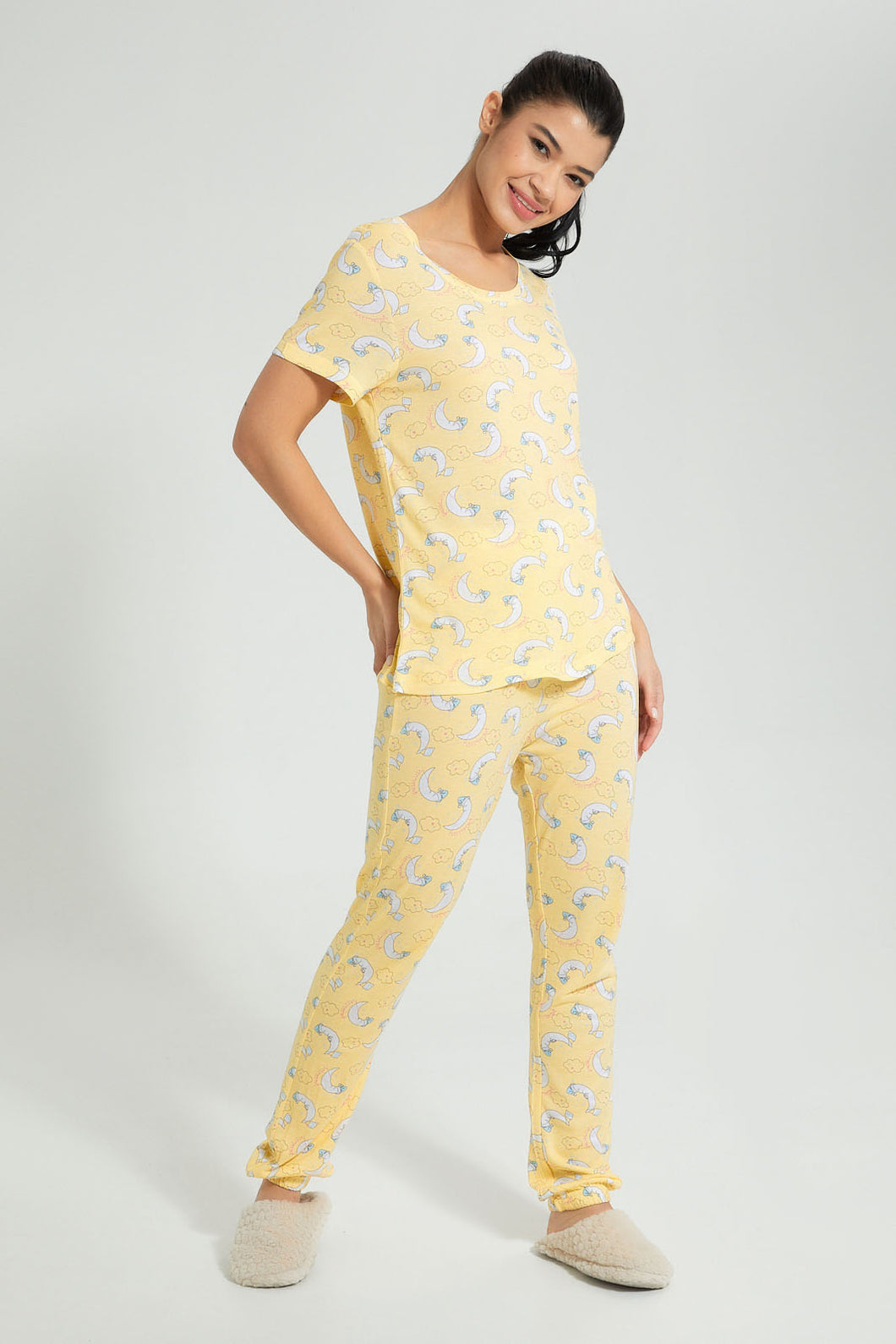 Redtag-Yellow-Allover-Printed-Pyjama-Set-Colour:Yellow,-Filter:Women's-Clothing,-New-In,-New-In-Women,-Non-Sale,-S22B,-Section:Women,-Women-Pyjama-Sets-Women's-