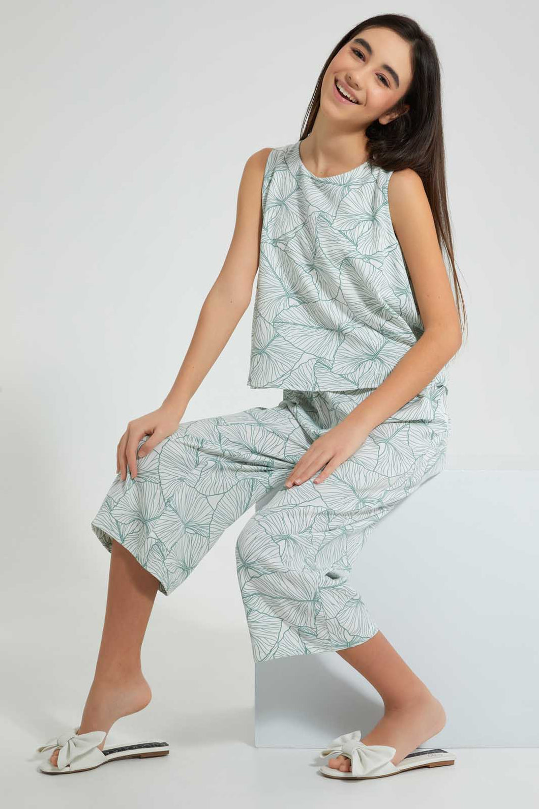 Redtag-White/Green-Leaves-Print-Twofer-Jumpsuit-Dresses-Senior-Girls-9 to 14 Years