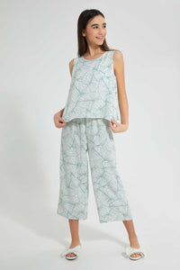Redtag-White/Green-Leaves-Print-Twofer-Jumpsuit-Dresses-Senior-Girls-9 to 14 Years
