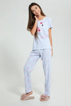Load image into Gallery viewer, Redtag-White/Blue-Stripe-Flamingo-Pajama-Sets-Pyjama-Sets-Senior-Girls-9 to 14 Years
