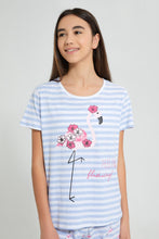 Load image into Gallery viewer, Redtag-White/Blue-Stripe-Flamingo-Pajama-Sets-Pyjama-Sets-Senior-Girls-9 to 14 Years
