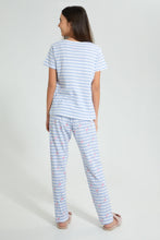 Load image into Gallery viewer, Redtag-White/Blue-Stripe-Flamingo-Pajama-Sets-Pyjama-Sets-Senior-Girls-9 to 14 Years
