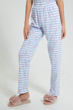 Load image into Gallery viewer, Redtag-White/Blue-Stripe-Flamingo-Pajama-Sets-Pyjama-Sets-Senior-Girls-9 to 14 Years
