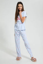 Load image into Gallery viewer, Redtag-White/Blue-Stripe-Flamingo-Pajama-Sets-Pyjama-Sets-Senior-Girls-9 to 14 Years
