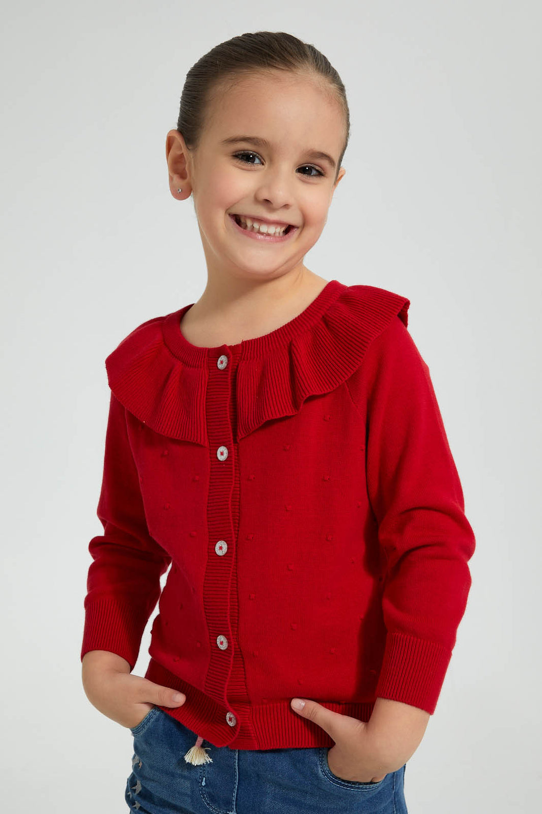 Redtag-Red-Frill-Neck-Cardigan-Cardigans-Girls-2 to 8 Years