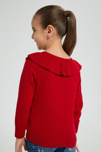 Redtag-Red-Frill-Neck-Cardigan-Cardigans-Girls-2 to 8 Years