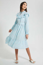 تنزيل الصورة على معرض الصور، Redtag-Lt-Blue-Floral-L/S-Ruffled-Longer-Length-Dress-Dresses-Senior-Girls-9 to 14 Years
