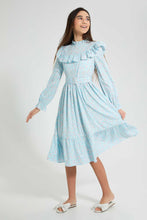 تنزيل الصورة على معرض الصور، Redtag-Lt-Blue-Floral-L/S-Ruffled-Longer-Length-Dress-Dresses-Senior-Girls-9 to 14 Years
