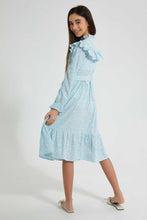 تنزيل الصورة على معرض الصور، Redtag-Lt-Blue-Floral-L/S-Ruffled-Longer-Length-Dress-Dresses-Senior-Girls-9 to 14 Years
