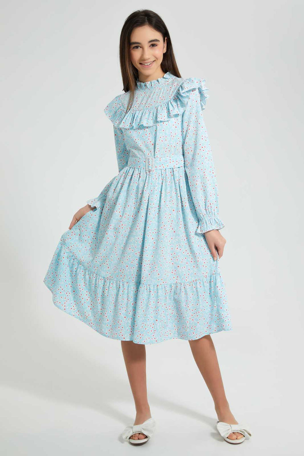 Redtag-Lt-Blue-Floral-L/S-Ruffled-Longer-Length-Dress-Dresses-Senior-Girls-9 to 14 Years