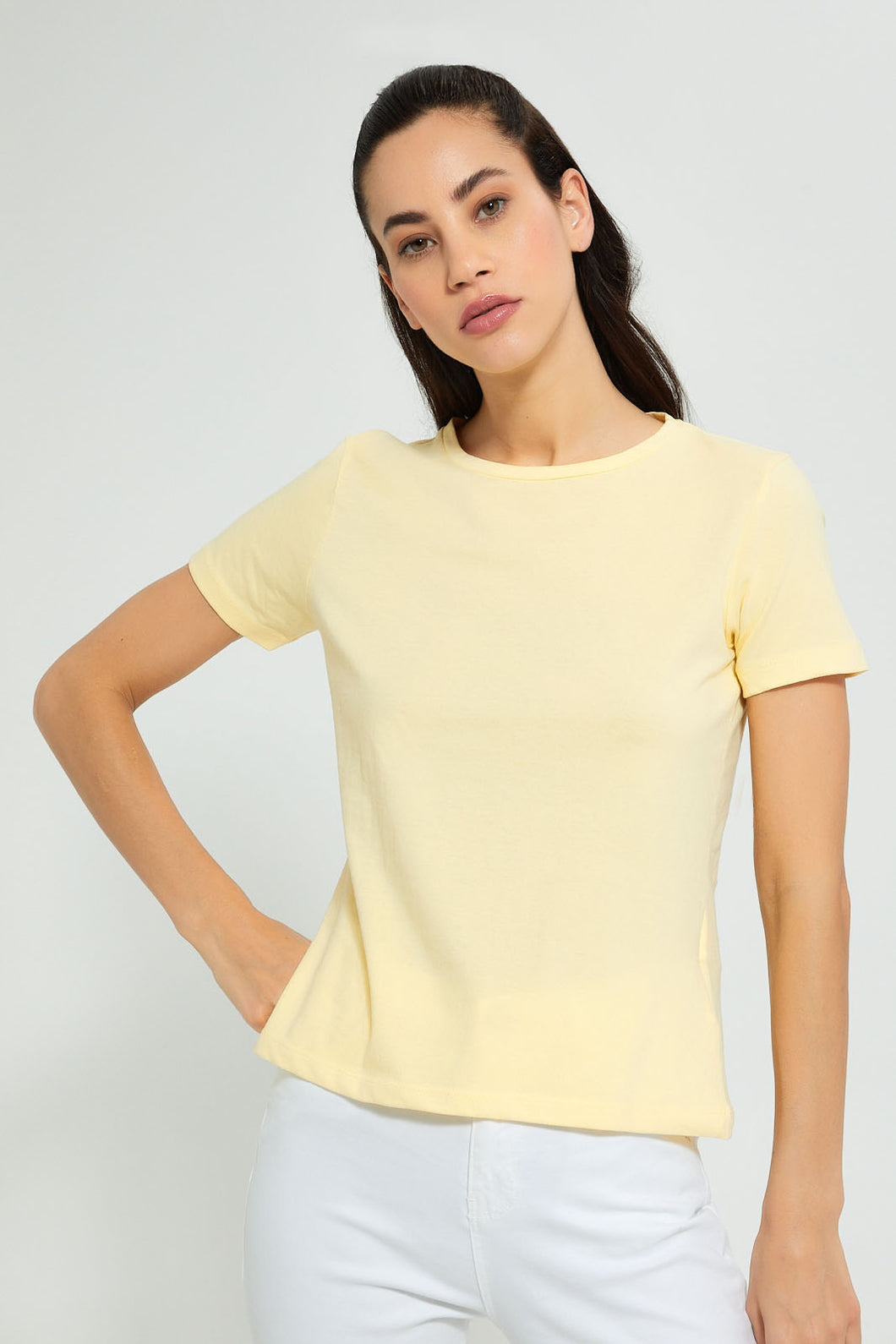 Redtag-Lemon-Plain-Short-Sleeve-Crew-Neck-T-Shirt-Active-Tees-Women's-