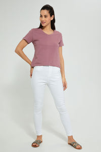 Redtag-Mauve--Plain-Short--Sleeve-V-Neck-T-Shirt-Active-Tees-Women's-