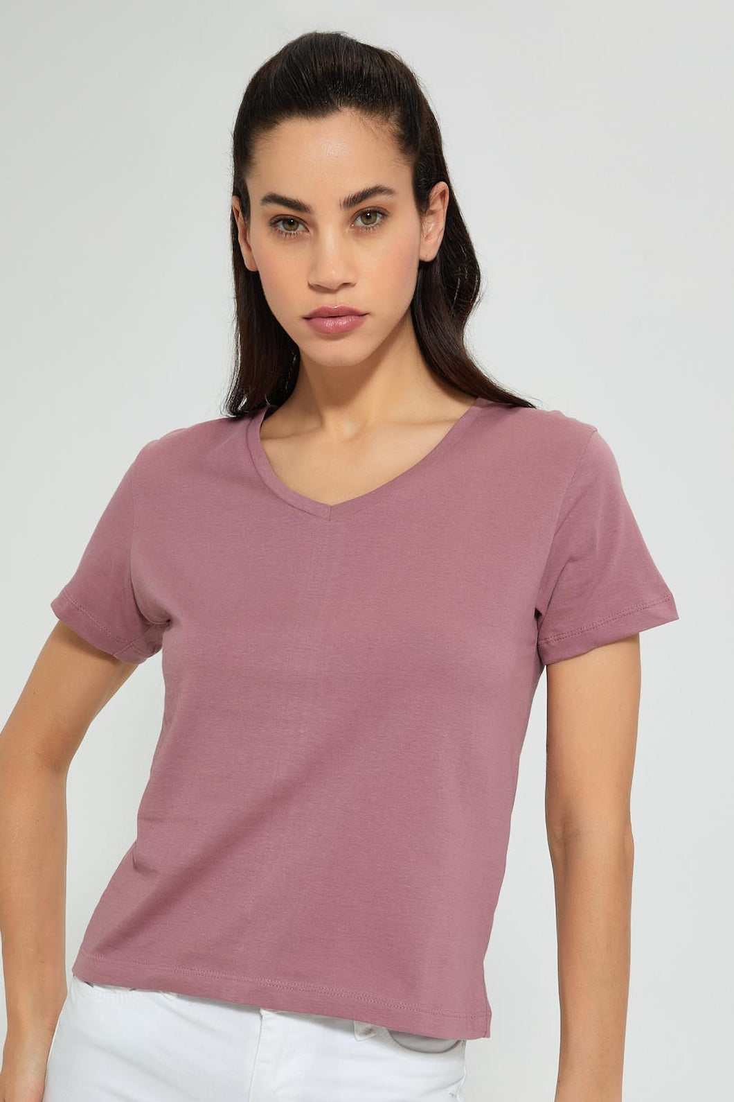 Redtag-Mauve--Plain-Short--Sleeve-V-Neck-T-Shirt-Active-Tees-Women's-