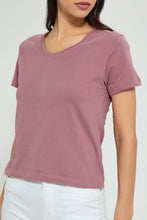 Load image into Gallery viewer, Redtag-Mauve--Plain-Short--Sleeve-V-Neck-T-Shirt-Active-Tees-Women&#39;s-
