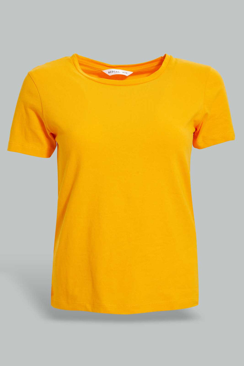 Redtag-Orange-Plain-Short--Sleeve-Crew-Neck--T-Shirt-Active-Tees-Women's-