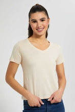 تنزيل الصورة على معرض الصور، Redtag-Beige-Plain-Short--Sleeve-V-Neck--T-Shirt-Plain-Women&#39;s-
