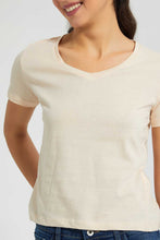 تنزيل الصورة على معرض الصور، Redtag-Beige-Plain-Short--Sleeve-V-Neck--T-Shirt-Plain-Women&#39;s-
