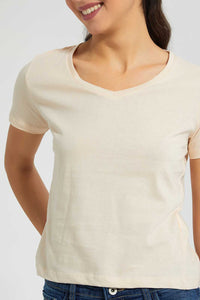 Redtag-Beige-Plain-Short--Sleeve-V-Neck--T-Shirt-Plain-Women's-