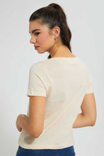 تنزيل الصورة على معرض الصور، Redtag-Beige-Plain-Short--Sleeve-V-Neck--T-Shirt-Plain-Women&#39;s-
