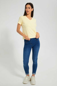 Redtag-Lemon-Plain-Short--Sleeve-V-Neck--T-Shirt-Plain-Women's-