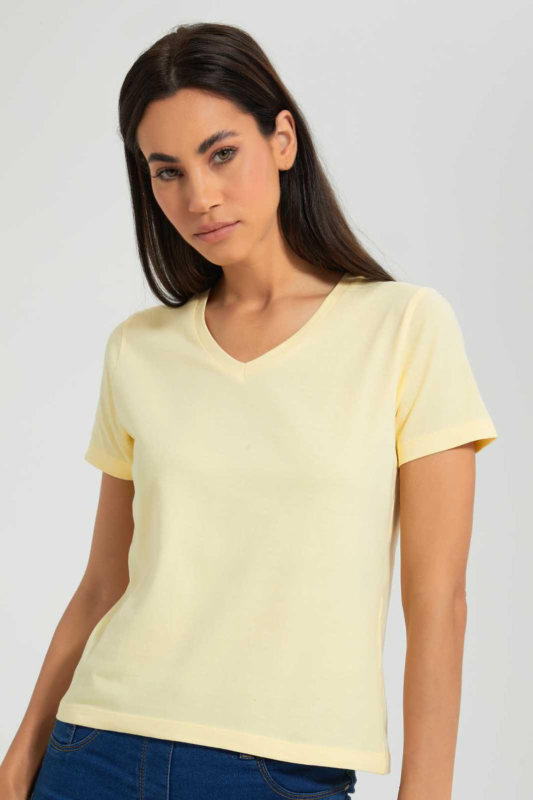 Redtag-Lemon-Plain-Short--Sleeve-V-Neck--T-Shirt-Plain-Women's-