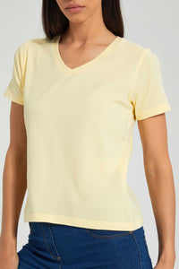 Redtag-Lemon-Plain-Short--Sleeve-V-Neck--T-Shirt-Plain-Women's-