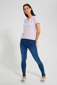 Redtag-Lilac-Plain-Short--Sleeve-V-Neck--T-Shirt-Plain-Women's-