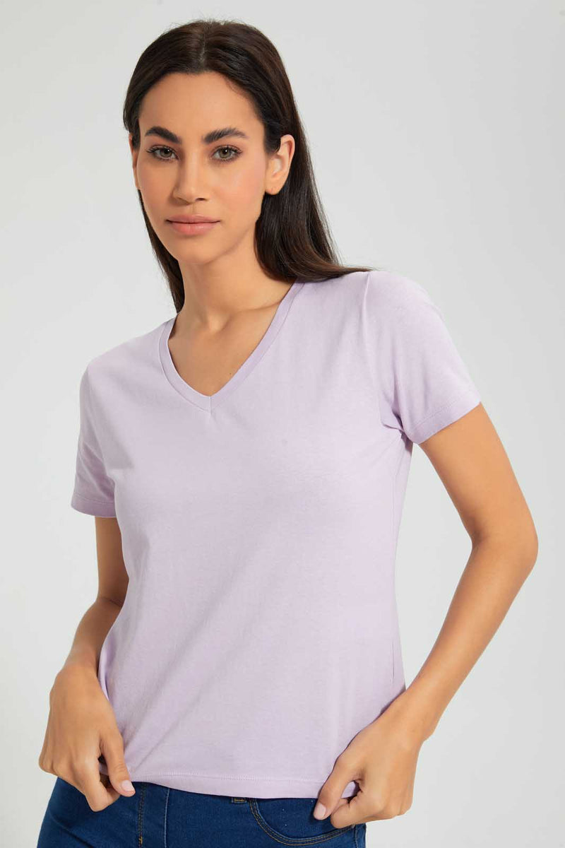 Redtag-Lilac-Plain-Short--Sleeve-V-Neck--T-Shirt-Plain-Women's-