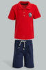 Redtag-Red-Polo-And-Navy-Twill-Short-Casual-Set-(2-Pack)-Sets-Infant-Boys-3 to 24 Months