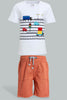 Redtag-White-Car-T-Shirt-With-Orange-Twill-Short-Casual-Set(2-Pack)-Sets-Infant-Boys-3 to 24 Months