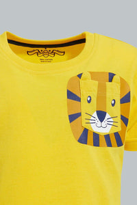 Redtag-Mustard-Tiger-T-Shirt-With-Terry-Short-(2-Pack)-Sets-Infant-Boys-3 to 24 Months