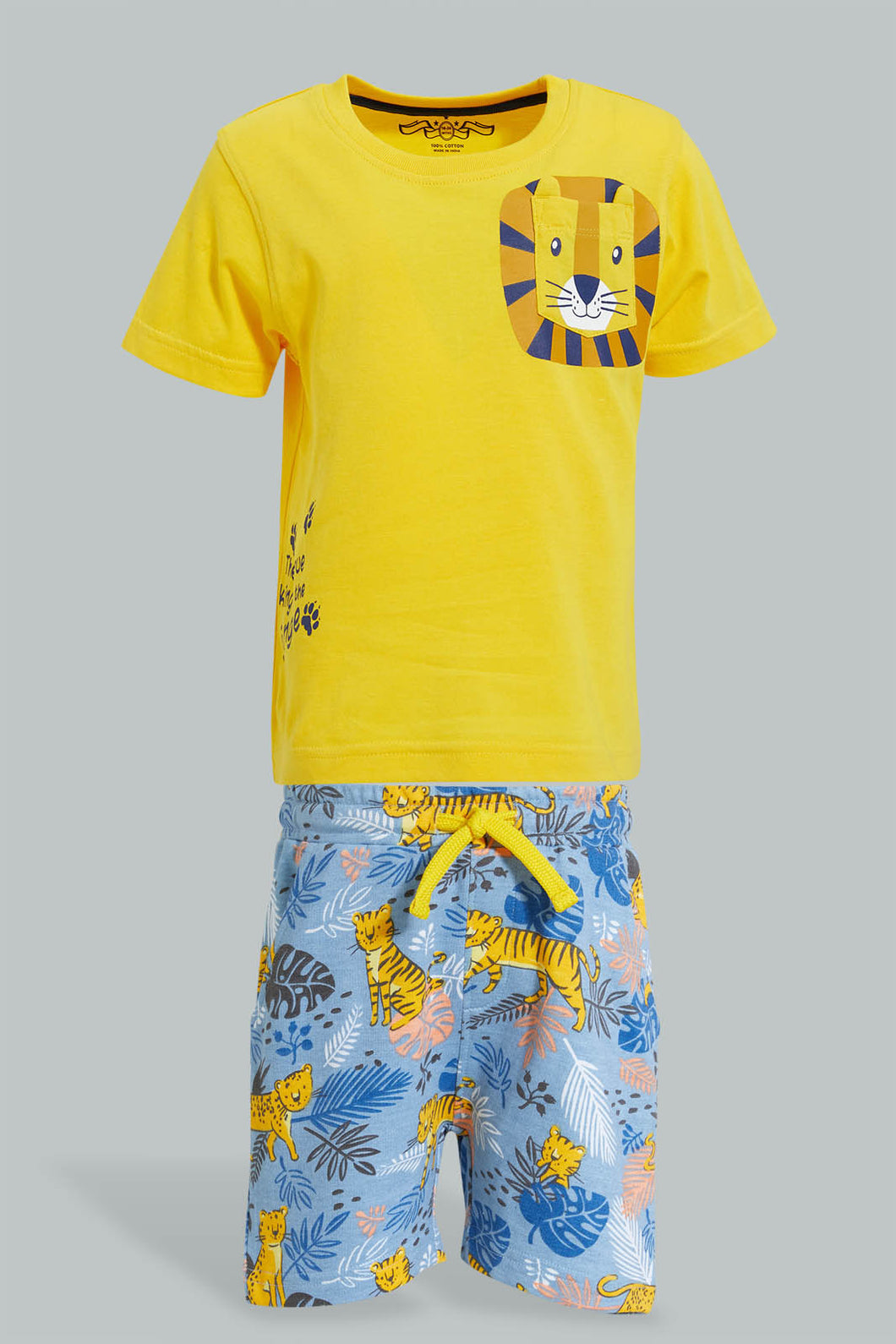 Redtag-Mustard-Tiger-T-Shirt-With-Terry-Short-(2-Pack)-Sets-Infant-Boys-3 to 24 Months