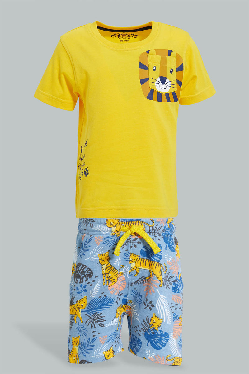 Redtag-Mustard-Tiger-T-Shirt-With-Terry-Short-(2-Pack)-Sets-Infant-Boys-3 to 24 Months
