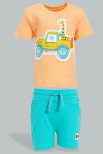 Load image into Gallery viewer, Redtag-Orange-Yd-T-Shirt-With-Blue-Terry-Short-(2-Pack)-Colour:Orange,-Filter:Infant-Boys-(3-to-24-Mths),-Infant-Boys-Sets,-New-In,-New-In-INB,-Non-Sale,-S22B,-Section:Kidswear-Infant-Boys-3 to 24 Months
