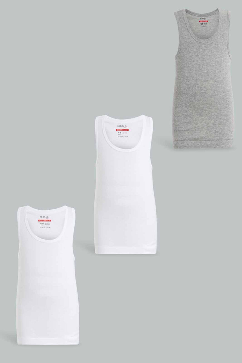 Redtag-White/Grey-3-Pack-Vest-Basic-Vests-Boys-2 to 8 Years