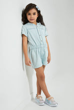 Load image into Gallery viewer, Redtag-Denim-Hooded-Playsuit-Colour:Denim,-Filter:Girls-(2-to-8-Yrs),-Girls-Jumpsuits,-New-In,-New-In-GIR,-Non-Sale,-S22B,-Section:Kidswear-Girls-2 to 8 Years
