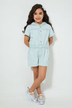 Load image into Gallery viewer, Redtag-Denim-Hooded-Playsuit-Colour:Denim,-Filter:Girls-(2-to-8-Yrs),-Girls-Jumpsuits,-New-In,-New-In-GIR,-Non-Sale,-S22B,-Section:Kidswear-Girls-2 to 8 Years
