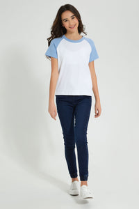 Redtag-White/Blue-Raglan-Sleeve-Top-Colour:White,-Filter:Senior-Girls-(9-to-14-Yrs),-GSR-T-Shirts,-New-In,-New-In-GSR,-Non-Sale,-S22B,-Section:Kidswear-Senior-Girls-9 to 14 Years