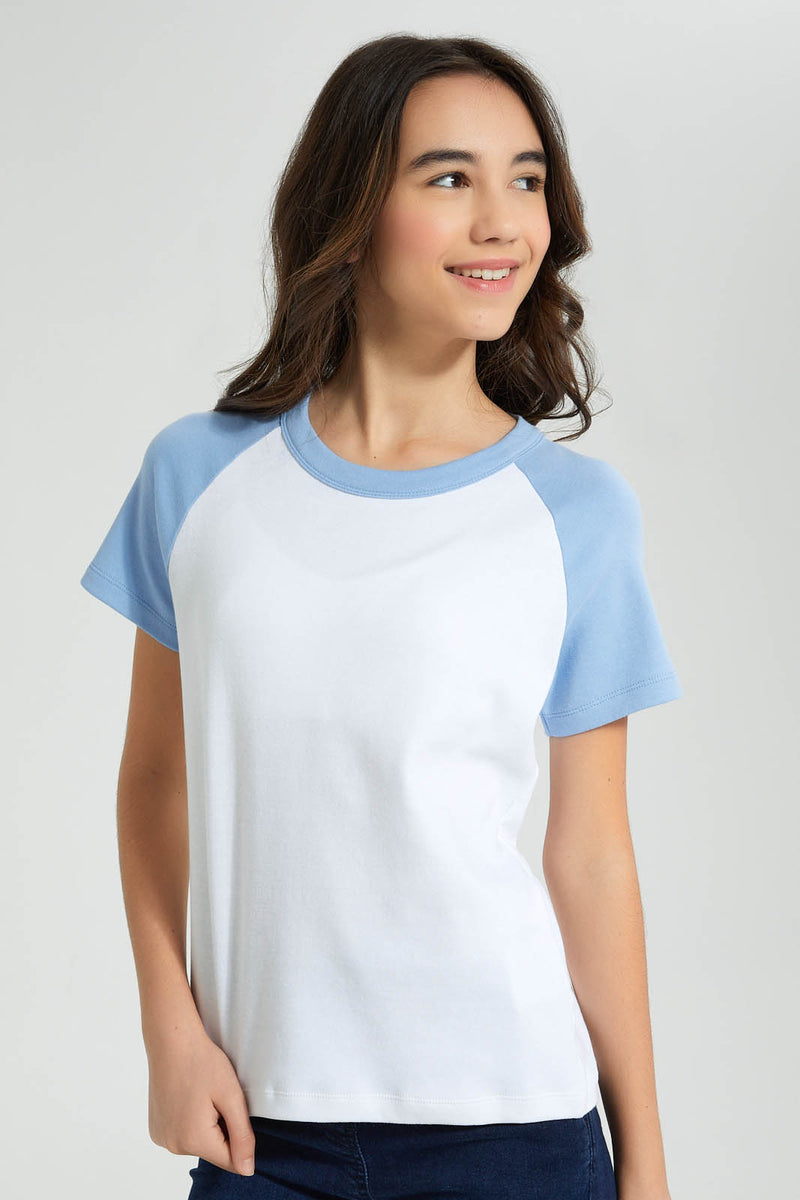 Redtag-White/Blue-Raglan-Sleeve-Top-Colour:White,-Filter:Senior-Girls-(9-to-14-Yrs),-GSR-T-Shirts,-New-In,-New-In-GSR,-Non-Sale,-S22B,-Section:Kidswear-Senior-Girls-9 to 14 Years