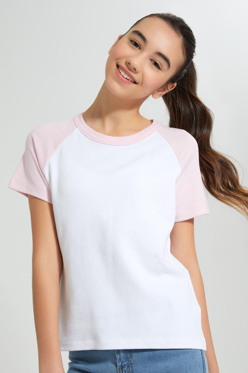 Redtag-White/Pink-Raglan-Sleeve-Top-Colour:White,-Filter:Senior-Girls-(9-to-14-Yrs),-GSR-T-Shirts,-New-In,-New-In-GSR,-Non-Sale,-S22B,-Section:Kidswear-Senior-Girls-9 to 14 Years