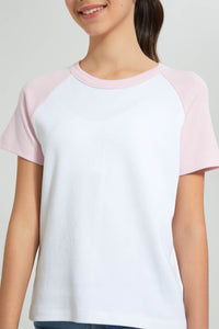 Redtag-White/Pink-Raglan-Sleeve-Top-Colour:White,-Filter:Senior-Girls-(9-to-14-Yrs),-GSR-T-Shirts,-New-In,-New-In-GSR,-Non-Sale,-S22B,-Section:Kidswear-Senior-Girls-9 to 14 Years