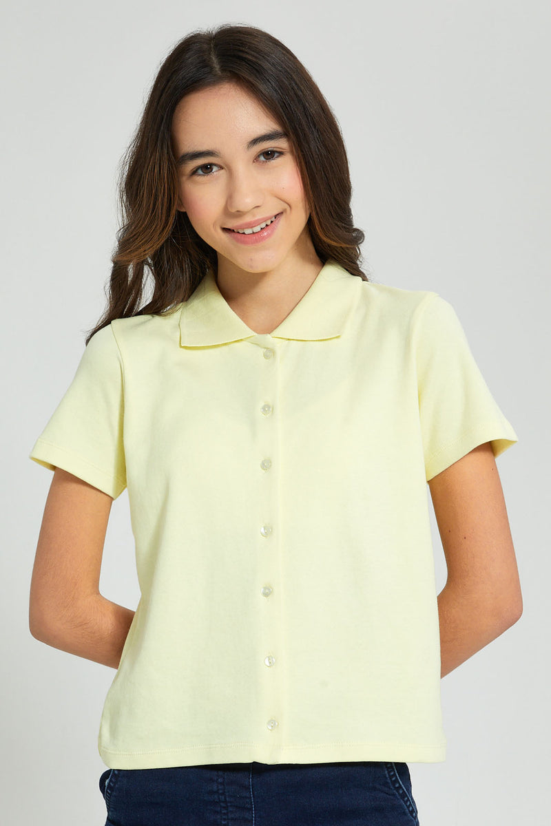 Redtag-Yellow-Collared-Front-Placket-Top-Plain-Senior-Girls-9 to 14 Years