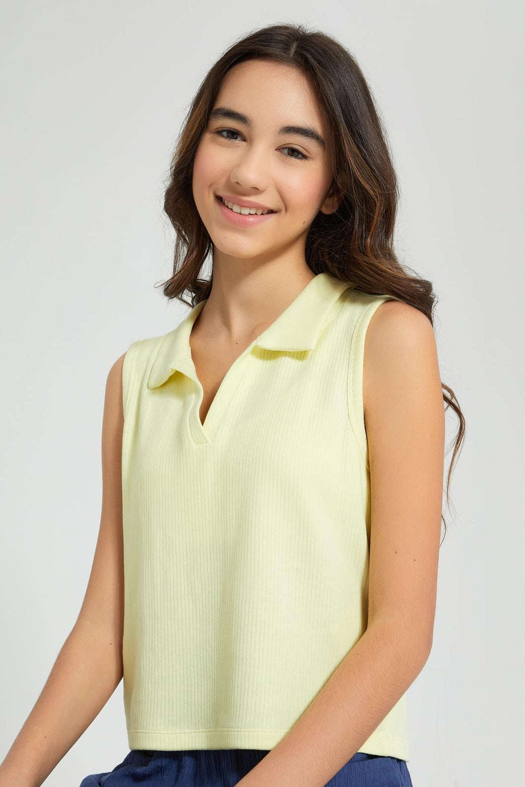 Redtag-Yellow-S/L-Collared-Rib-Top-Plain-Senior-Girls-9 to 14 Years