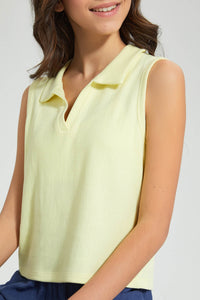 Redtag-Yellow-S/L-Collared-Rib-Top-Plain-Senior-Girls-9 to 14 Years