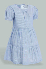 Load image into Gallery viewer, Redtag-Blue-Tiered-Puff-Sleeves-Stripes-Dress-Dresses-Infant-Girls-3 to 24 Months
