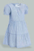 Redtag-Blue-Tiered-Puff-Sleeves-Stripes-Dress-Dresses-Infant-Girls-3 to 24 Months
